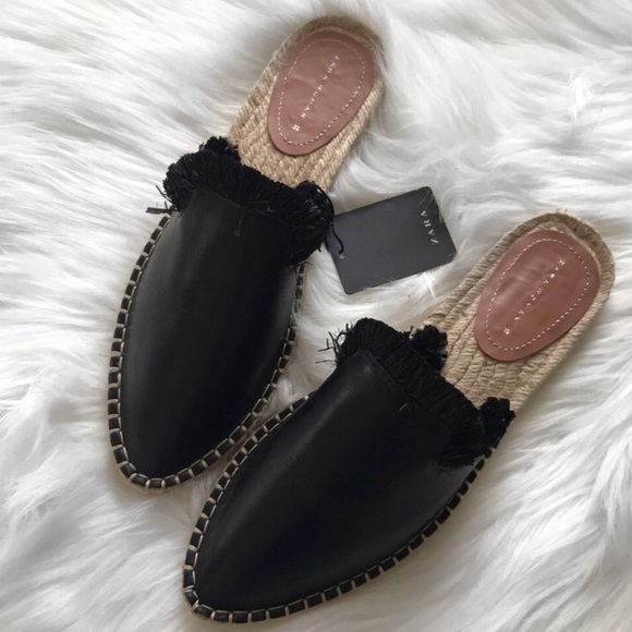 Zara Shoes - Zara Raffia Trim Leather Mules Slide On Flats